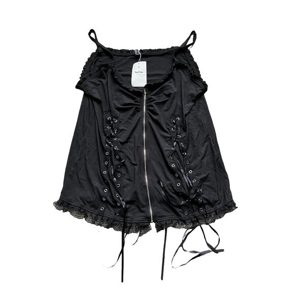 Nextmia Women's Black Spaghetti Strap Lace Ribbed Zipper Camisole Top Tank - Picture 1 of 4